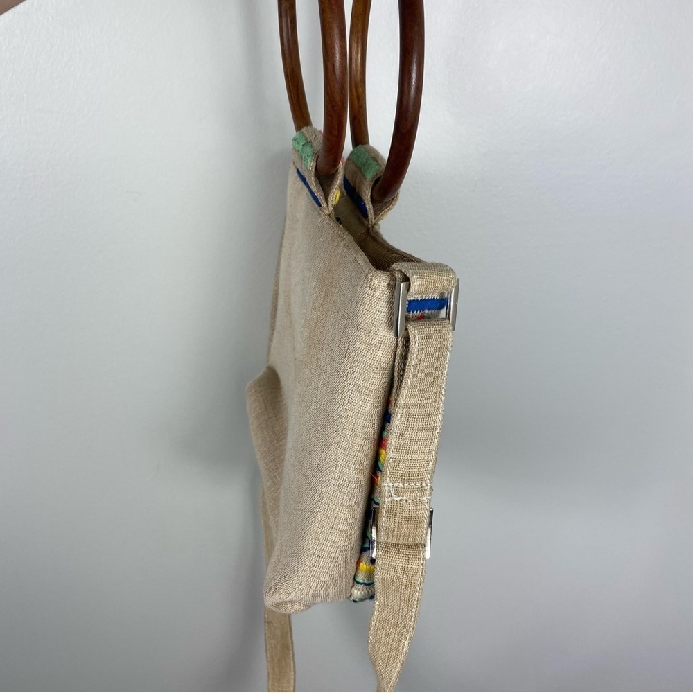 Lulu Canvas Handbag Boho Wooden Handles Aztec Print Multicolor with Strap - Picture 7 of 7